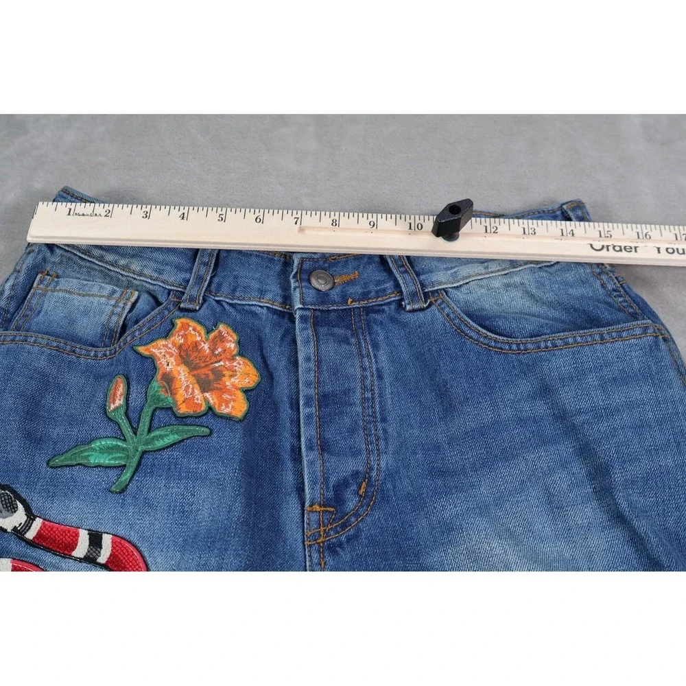 Gucci Snake Flower Embroidered Straight Leg Jeans Medium Wash Blue Denim Womens
